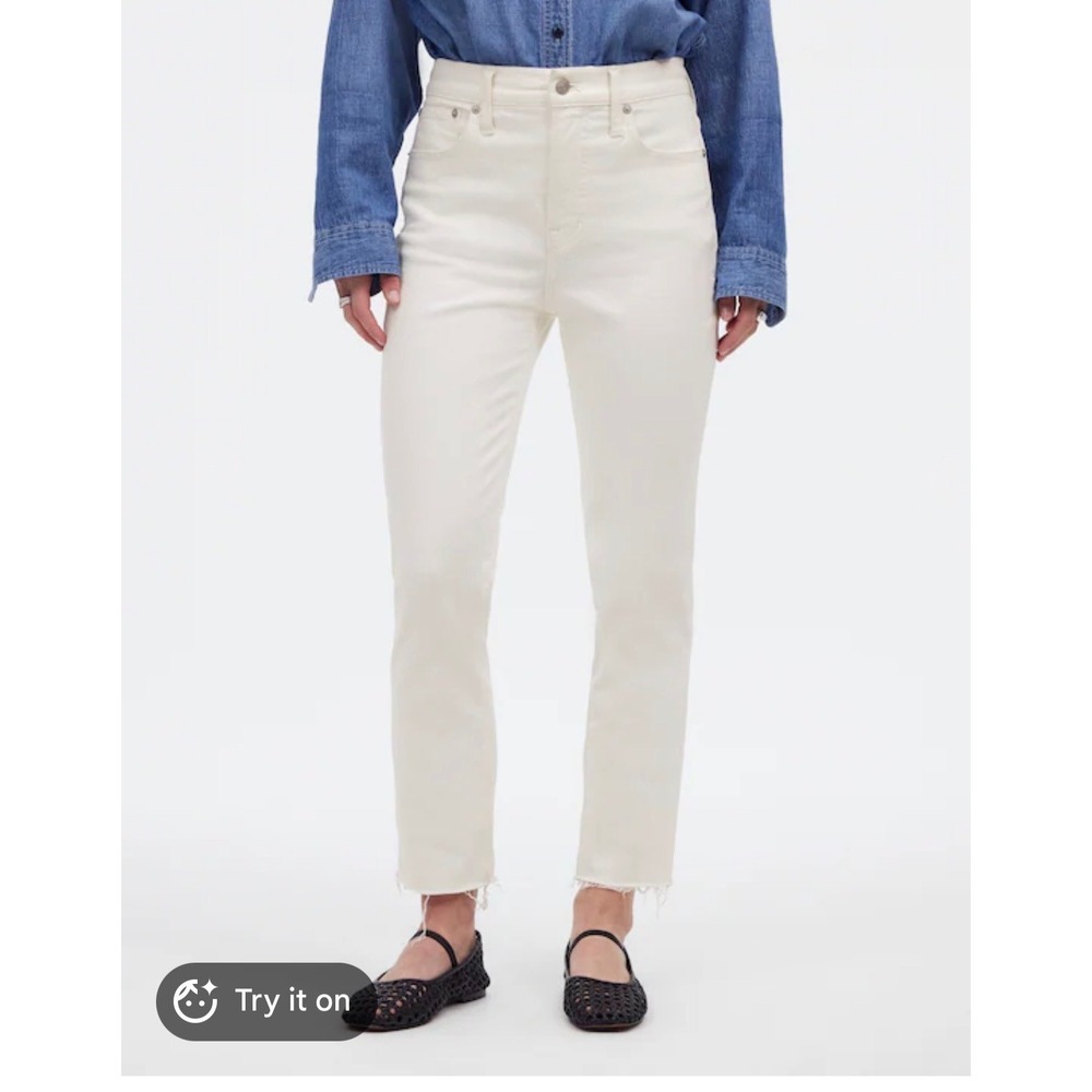 Madewell The Perfect Vintage Crop Jean Off White Raw Hem Straight Leg Size 28